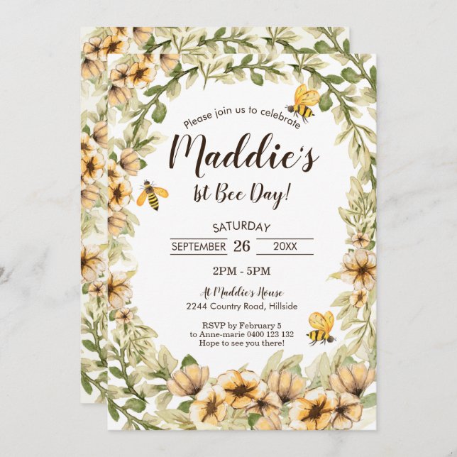 Bee 1st Birthday Invitation 1st Bee Day Honey Bee (Front/Back)