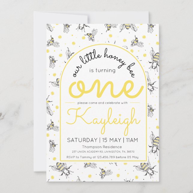 Bee 1st Birthday Invitation Honey Bee-day Party (Front)