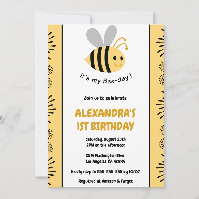 Bee 1st birthday invitations Cute Modern  (Front)