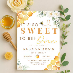 Bee 1st Birthday Sweet to Be One Girl Floral Invitation