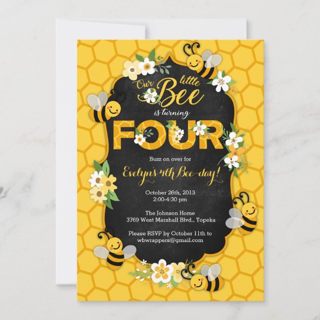 Bee 4th Birthday Party Invitation - Bee Birthday (Front)