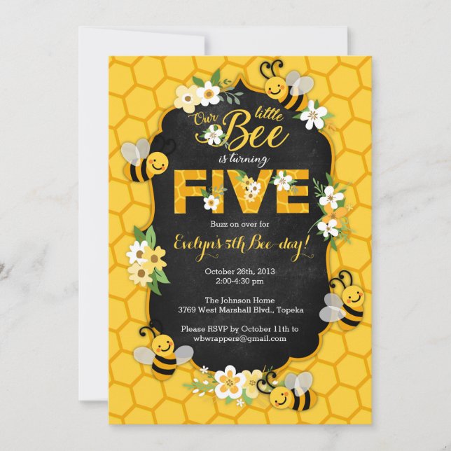 Bee 5th Birthday Party Invitation - Bee Birthday (Front)