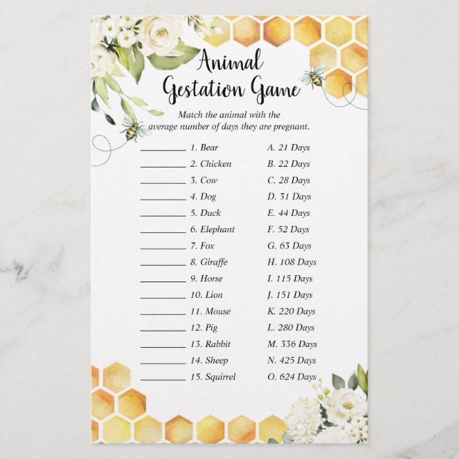 Bee A Little Honey Baby Shower Animal Gestation (Front)