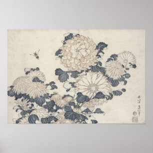 Bee and chrysanthemums poster