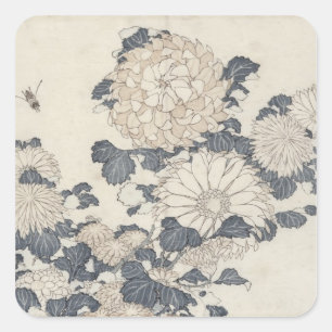 Bee and chrysanthemums square sticker