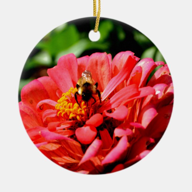 Bee and coral zinnia ceramic tree decoration (Front)