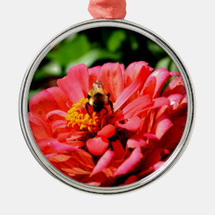 Bee and coral zinnia metal tree decoration