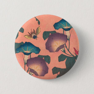 Bee and Flower Japanese Art Pink Floral 6 Cm Round Badge