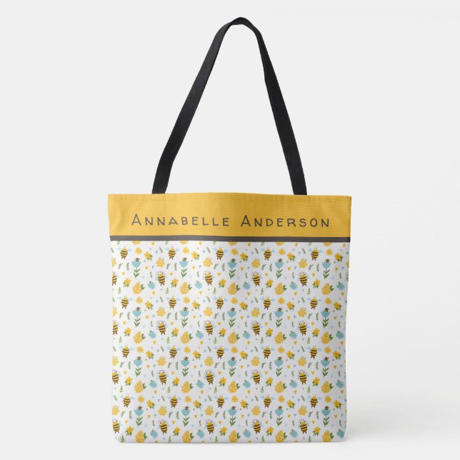 Bee and Flower Pattern Personalise Tote Bag (Front)