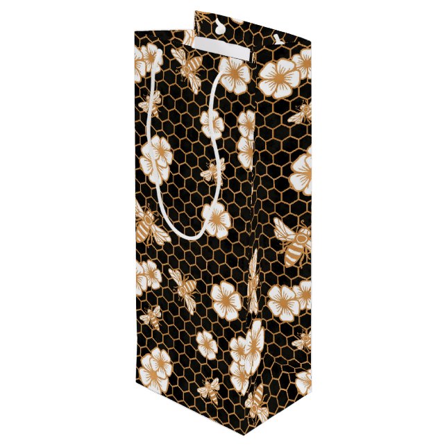 Bee and Flowers Pattern Wine Gift Bag (Back Angled)