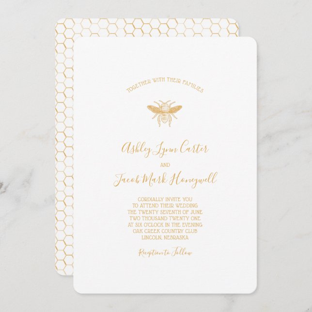 Bee and Golden Honeycomb Pattern 2 Invitation (Front/Back)