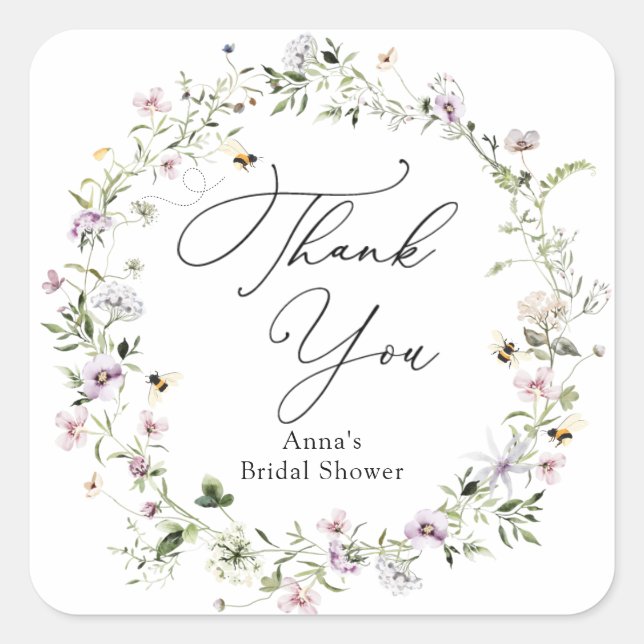 Bee and Lavender Wildflower Bridal Shower Square Sticker (Front)