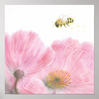 Bee and Pink Flowers Coloured Pencil Nursery Art Poster