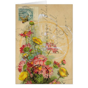 Bee and Pink Flowers Faux Postcard Digital Art