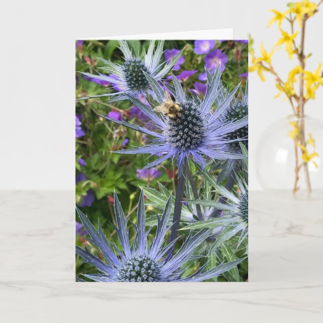 Bee and Purple Flowers, Seattle, WA Card (Yellow Flower)