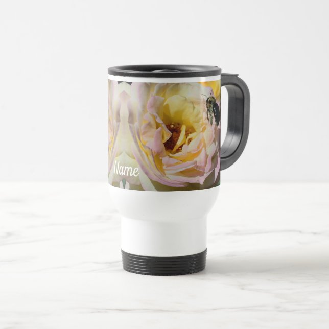 Bee And Rose Flower Personalised  Travel Mug (Front Right)