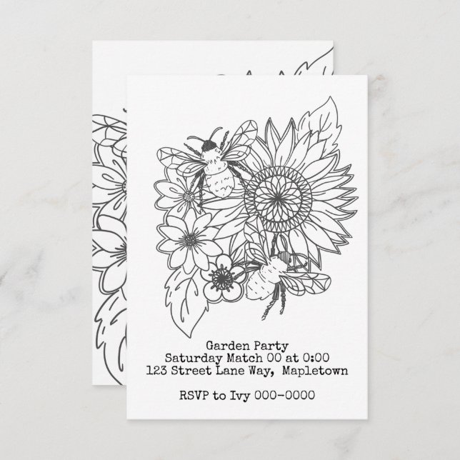 Bee and Sunflower Line Art Invitation (Front/Back)