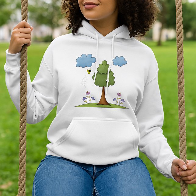 Bee and Tree Nature Scene with Flowers and Clouds Hoodie (Creator Uploaded)