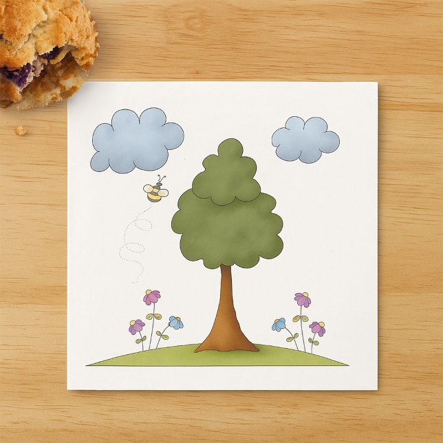 Bee and Tree Nature Scene with Flowers and Clouds Napkin (Creator Uploaded)