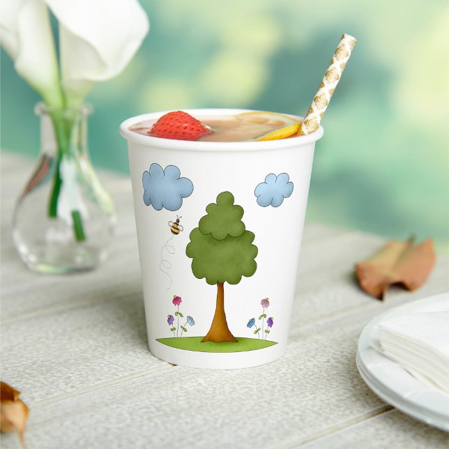 Bee and Tree Nature Scene with Flowers and Clouds Paper Cups (Creator Uploaded)
