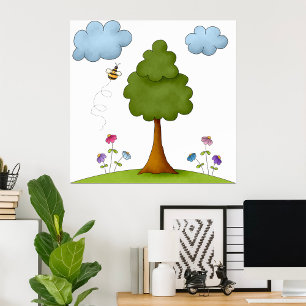 Bee and Tree Nature Scene with Flowers and Clouds Poster