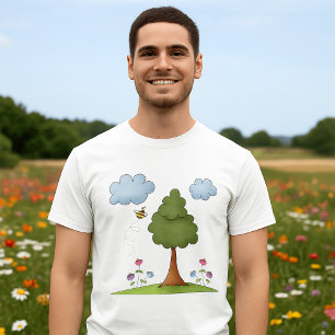 Bee and Tree Nature Scene with Flowers and Clouds T-Shirt