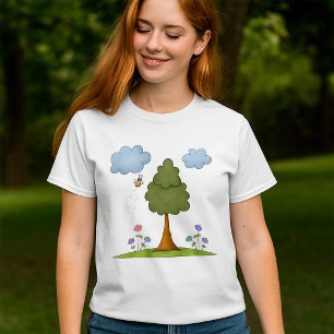 Bee and Tree Nature Scene with Flowers and Clouds T-Shirt