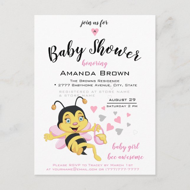 Bee Awesome Baby Girl Shower Invitation | Postcard (Front)