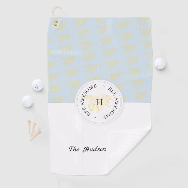 Bee Awesome Golden Bee Personalised Monogram Golf Towel (InSitu)