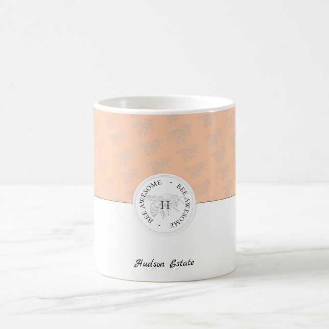 Bee Awesome Silver Bee Peach Personalised Monogram Coffee Mug (Center)