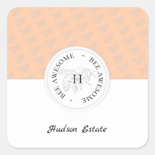 Bee Awesome Silver Bee Peach Personalised Monogram Square Sticker