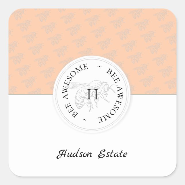 Bee Awesome Silver Bee Peach Personalised Monogram Square Sticker (Front)