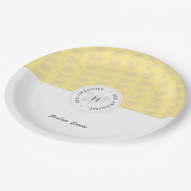 Bee Awesome Silver Honey Bee Personalised Monogram Paper Plate (Angled)
