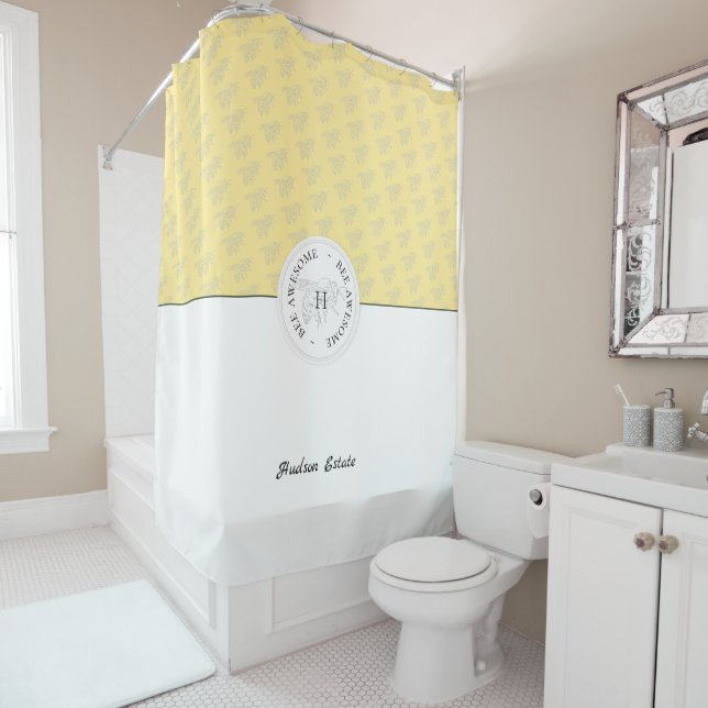 Bee Awesome Silver Honey Bee Personalised Monogram Shower Curtain (In Situ)