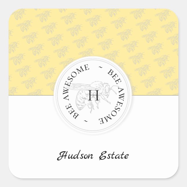Bee Awesome Silver Honey Bee Personalised Monogram Square Sticker (Front)