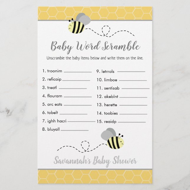 Bee Baby Shower Baby Word Scramble Game (Front)