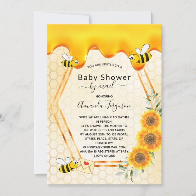 Bee baby Shower by mail gold sweet honey drips Invitation (Front)