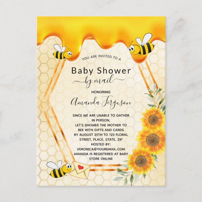 Bee baby Shower by mail gold sweet honey drips Postcard (Front)