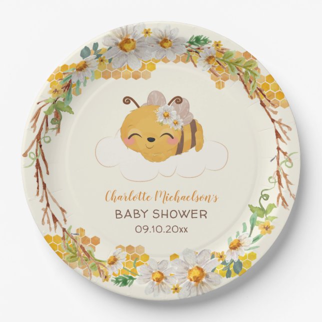 Bee Baby Shower Floral Honeycomb Paper Plate (Front)