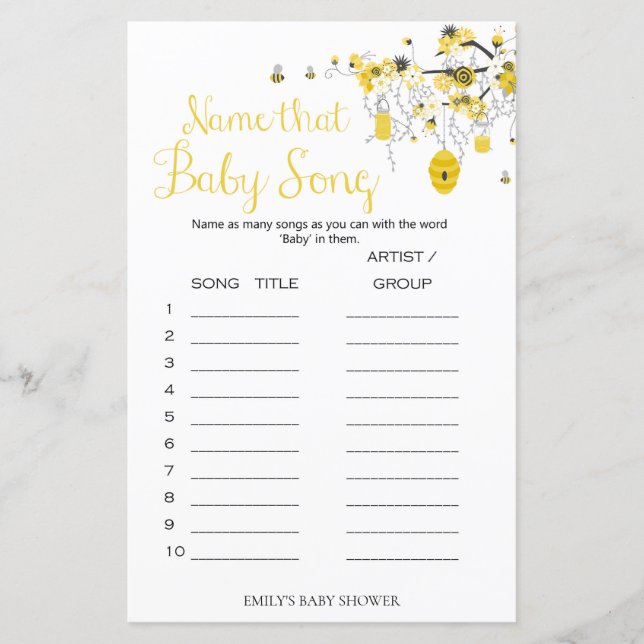 Bee Baby Shower Game - Name That Baby Song (Front)