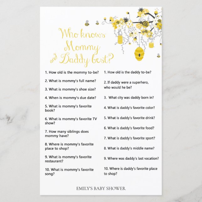 Bee Baby Shower Game - Who knows dad & Mum (Front)