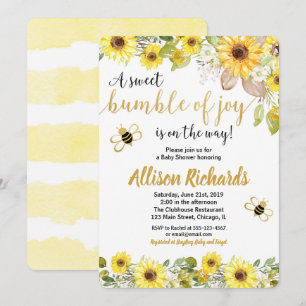 Bee baby shower gender neutral yellow bumblebee invitation