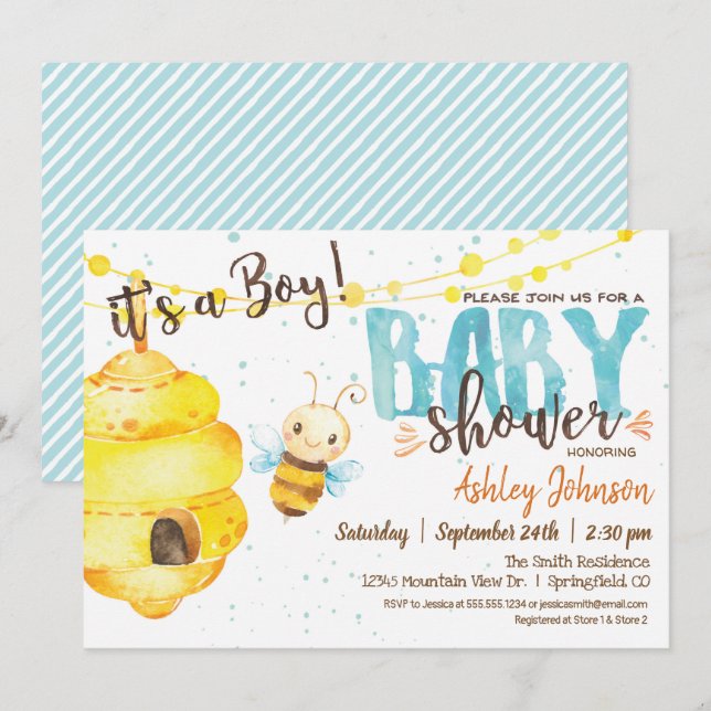 Bee Baby Shower invitation, Boy Invitation (Front/Back)