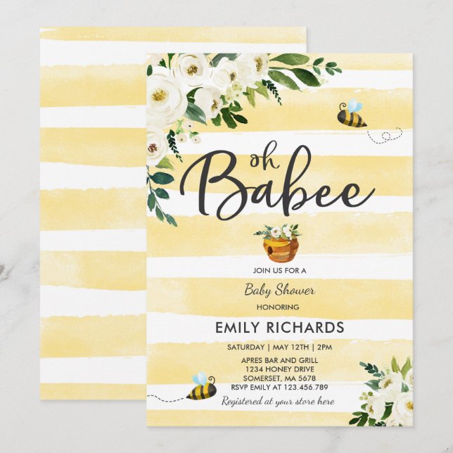 Bee Baby Shower Invitation Floral Babee Shower (Front/Back)