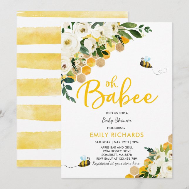 Bee Baby Shower Invitation Floral Babee Shower (Front/Back)