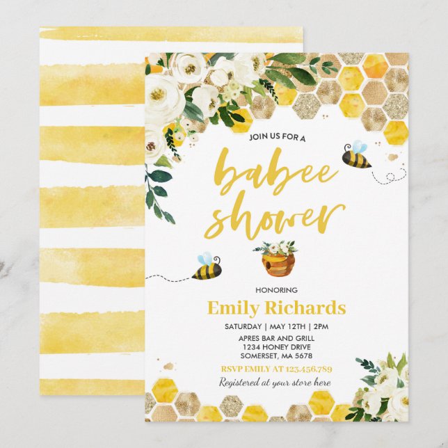 Bee Baby Shower Invitation Floral Babee Shower (Front/Back)