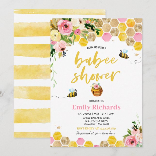 Bee Baby Shower Invitation Floral Babee Shower (Front/Back)