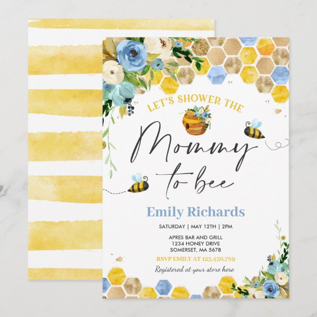 Bee Baby Shower Invitation Floral Mummy To Bee (Front/Back)