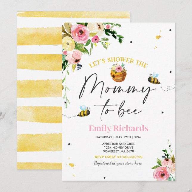 Bee Baby Shower Invitation Floral Mummy To Bee (Front/Back)