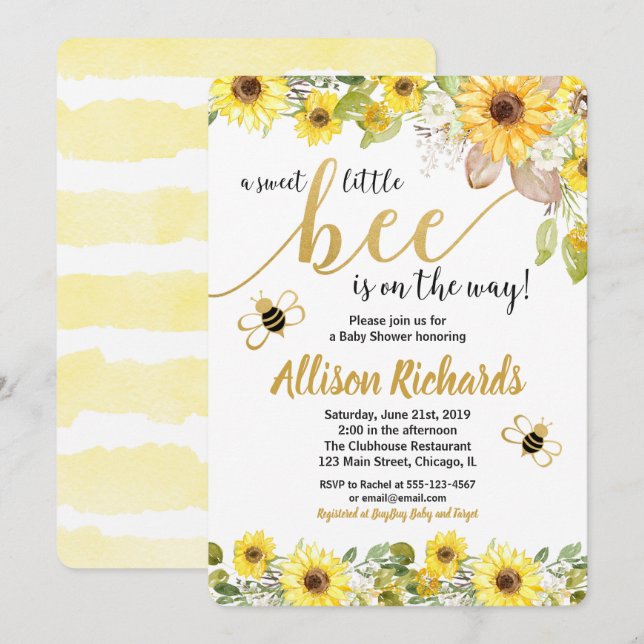 Bee baby shower invitation girl yellow bumblebee (Front/Back)